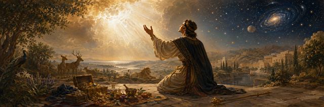 A humble ruler reaches toward sacred light as a scepter, gold, and jewels rest unused beside him
